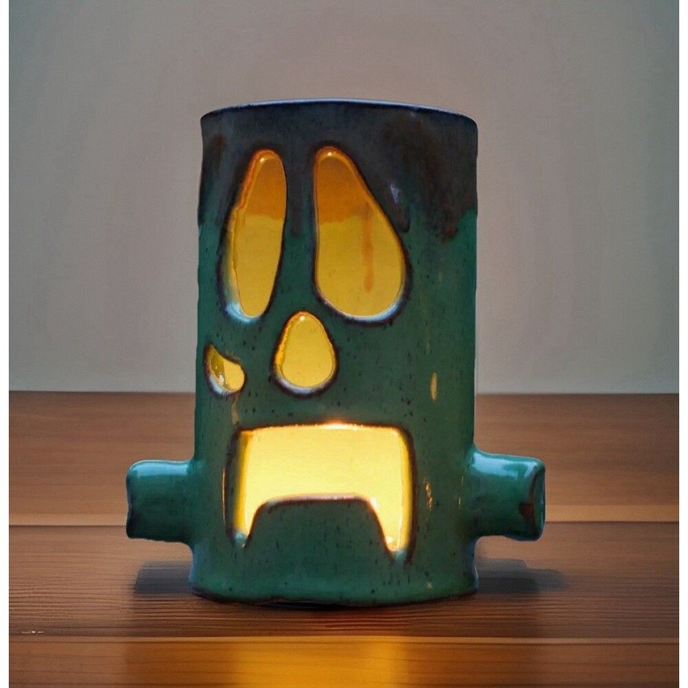 Halloween Frankenstein Hand Crafted Ceramic Luminaire Luminary Candle Blue